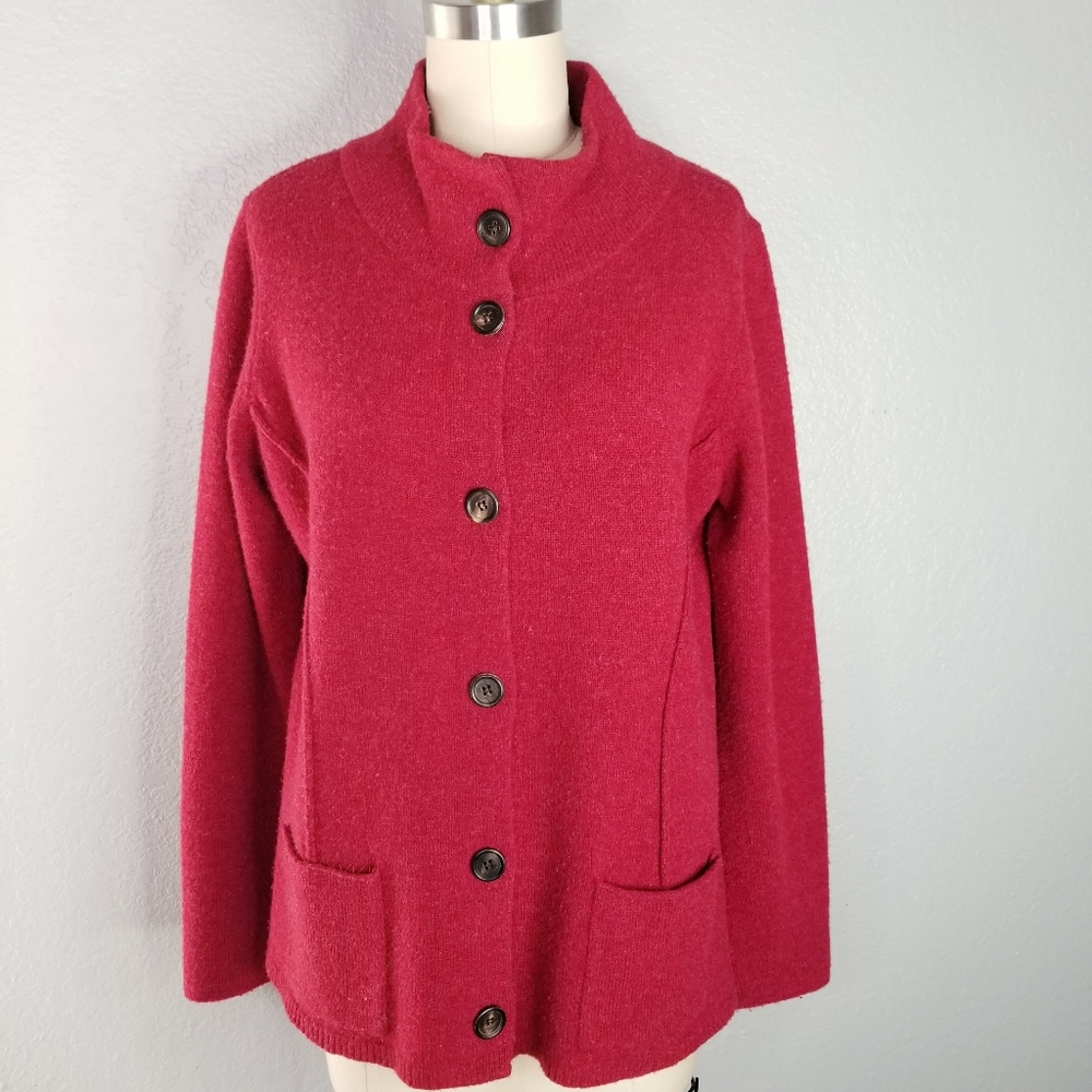 Eileen Fisher wool flirt button up sweater jacket red medium